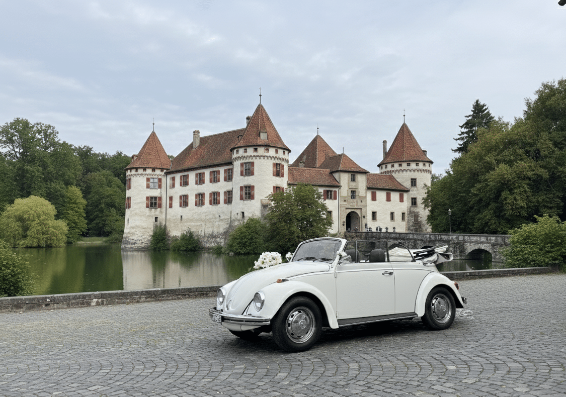 VW Käfer vor Schloss Hallwyl